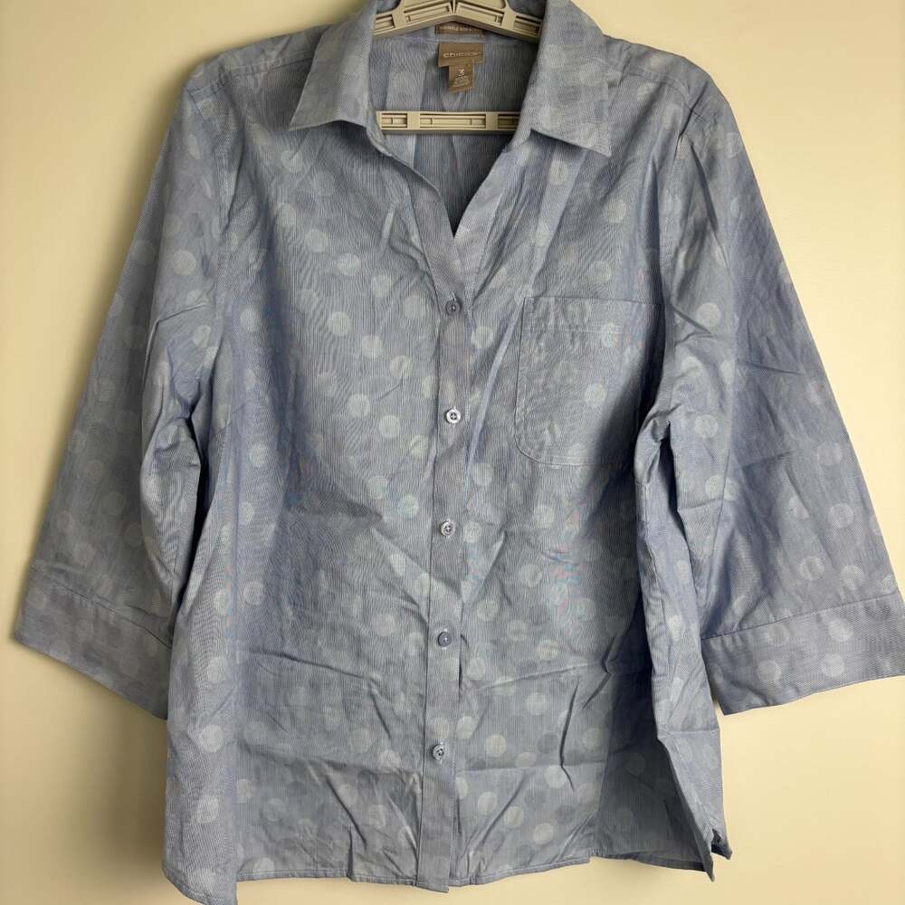 CHICO'S Wrinkle Resistant 3/4 Sleeve Button Up Shirt Womens XL Blue Polka Dot
